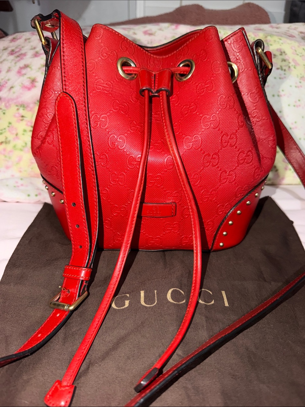 Gucci Red Guccissima Studded Bucket Bag